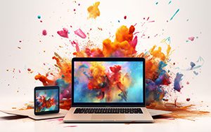 create computer and tablet with colorful paint explosion in the background